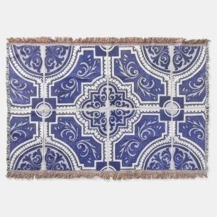 Rustic Vintage Portuguese Tiles Pattern - Azulejo Throw Blanket