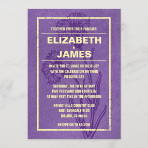 Rustic Vintage Purple And Gold Wedding Invitations