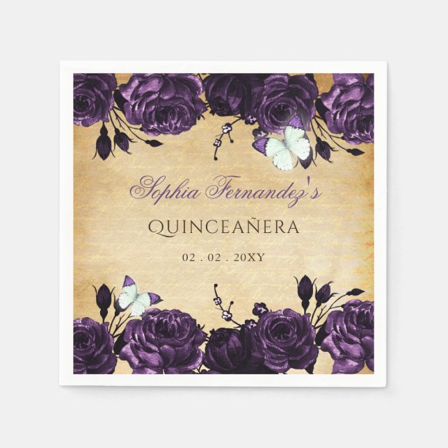 Rustic Vintage Purple Floral Butterfly   Napkin (Front)