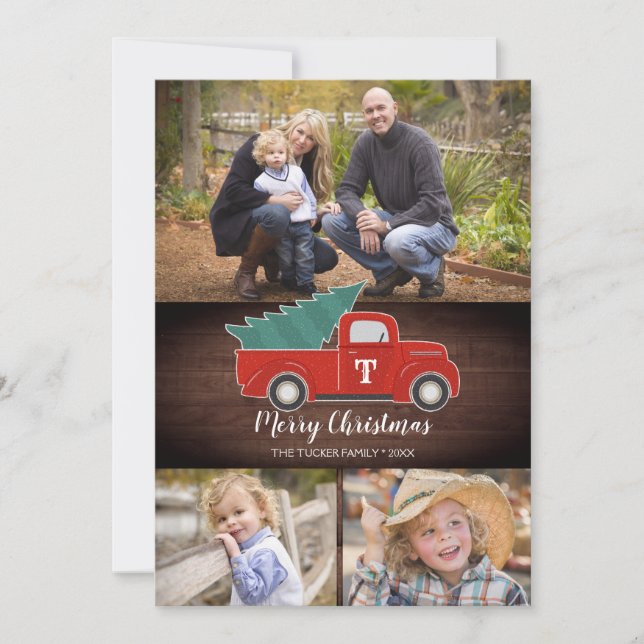 Rustic Vintage Red Truck 3-Photo Christmas Card (Front)
