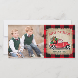 Rustic Vintage Red Truck Buffalo Plaid Photo Holiday Card