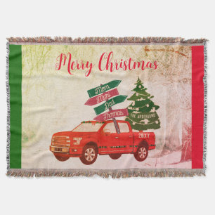 Rustic Vintage Red Truck Family Name Christmas Throw Blanket