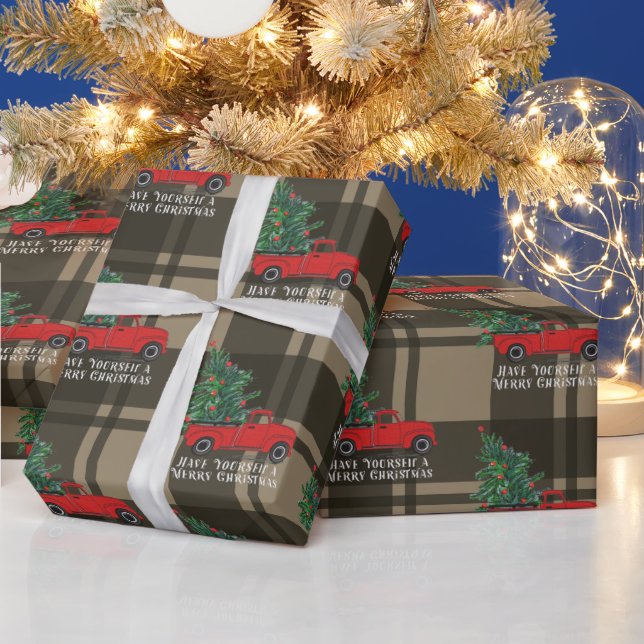 Rustic Vintage Red Truck Plaid Christmas Wrapping Paper (Holidays)