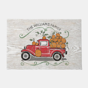 Rustic Vintage Red Truck Pumpkins Family Name Doormat