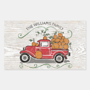 Rustic Vintage Red Truck Pumpkins Family Name Rectangular Sticker