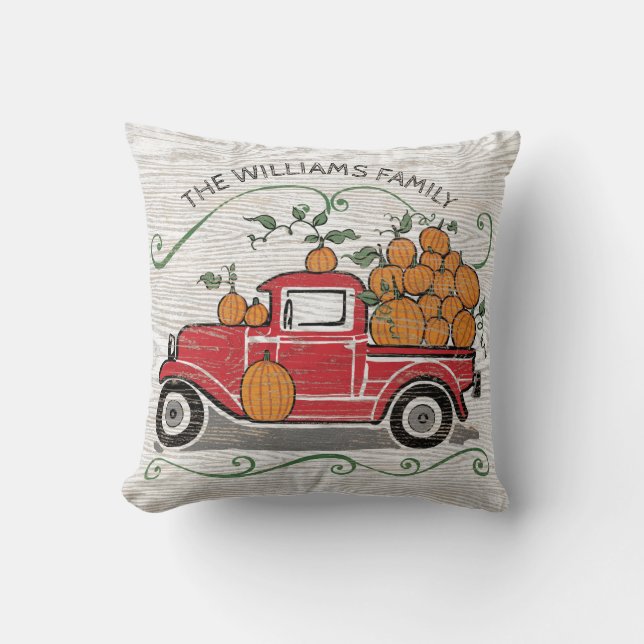 Rustic Vintage Red Truck Pumpkins Monogram Cushion (Front)