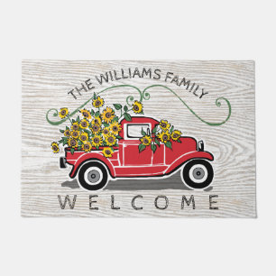 Rustic Vintage Red Truck Pumpkins Monogram Welcome Doormat