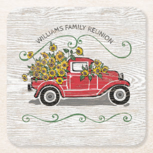 Rustic Vintage Red Truck Sunflowers Family Reunion Square Paper Coaster