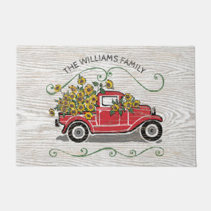 Rustic Vintage Red Truck Sunflowers Monogram Doormat