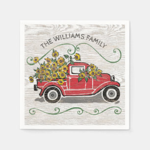 Rustic Vintage Red Truck Sunflowers Monogram Napkin