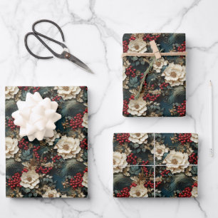 Rustic Vintage retro 3D Christmas poinsettia Wrapping Paper Sheet