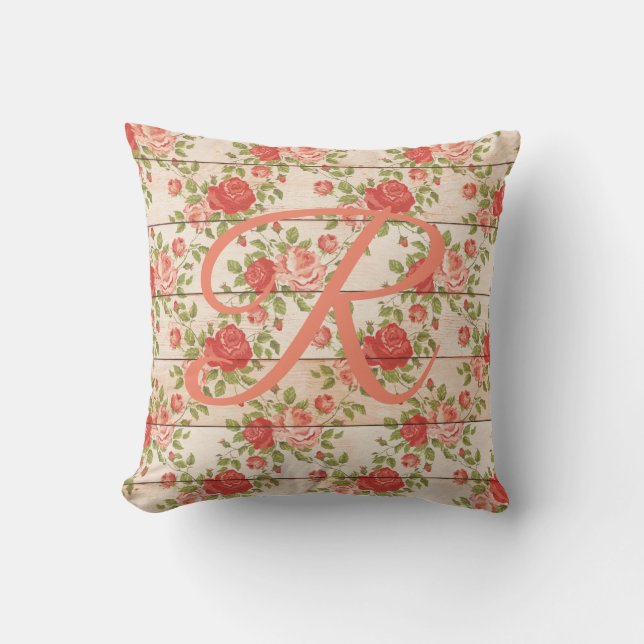 Rustic Vintage Roses Monogram Cushion (Front)