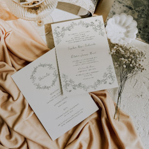 Rustic Vintage Sage Floral All in One Wedding Invitation