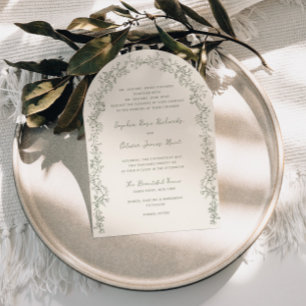 Rustic Vintage Sage Floral Line Art Arch Wedding Invitation