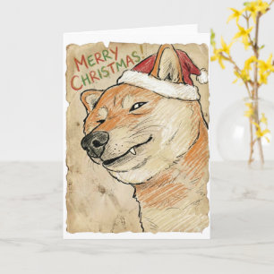 Rustic Vintage Sketch Shiba Inu Christmas Dog Art Card