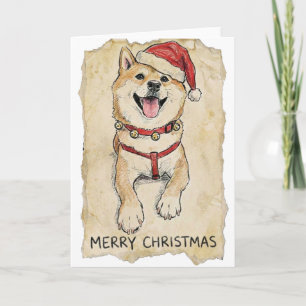 Rustic Vintage Sketch Shiba Inu Christmas Dog Art Card