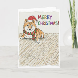 Rustic Vintage Sketch Shiba Inu Christmas Dog Art Card