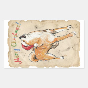 Rustic Vintage Sketch Shiba Inu Christmas Dog Art Rectangular Sticker