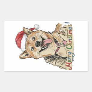 Rustic Vintage Sketch Shiba Inu Christmas Dog Art Rectangular Sticker