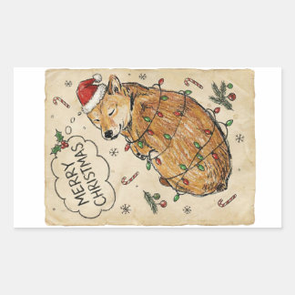 Rustic Vintage Sketch Shiba Inu Christmas Dog Art Rectangular Sticker