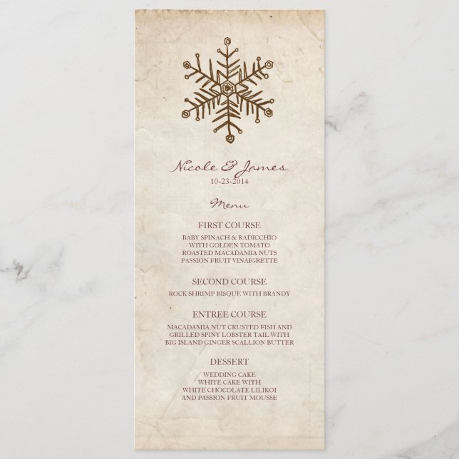 Rustic Vintage Snowflake Wedding Menu (Front)