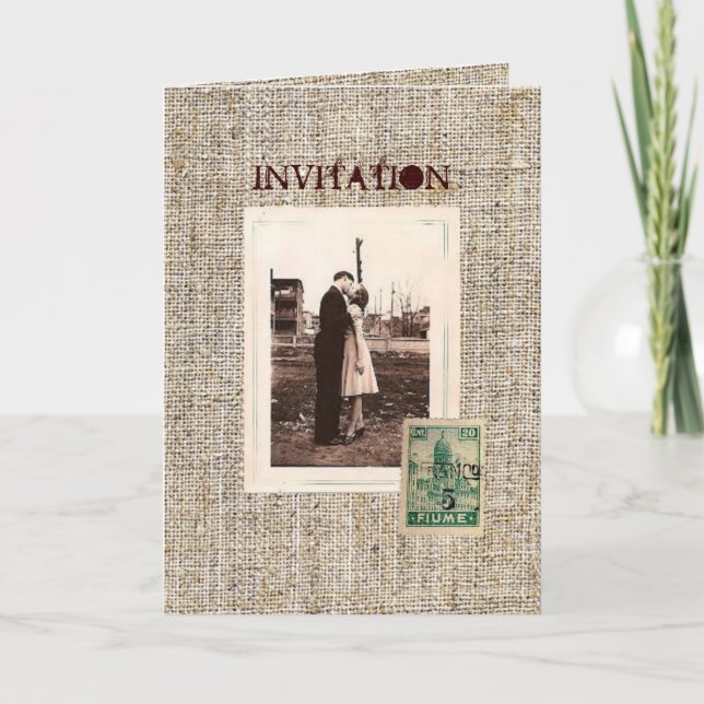 Rustic vintage stamps burlap country Wedding Holiday Card (Front)