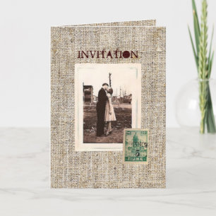 Rustic vintage stamps burlap country Wedding Holiday Card