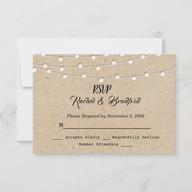 Rustic Vintage String Lights Wedding Personalise RSVP Card (Front)