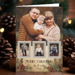 Rustic Vintage Style Four-Photo Christmas Floral Holiday Card<br><div class="desc">Rustic and nostalgic vintage-inspired holiday greeting card featuring large photo template with three small insert photos on antique snapshot frames on a distressed background featuring holly and evergreens in warm sepia tones.</div>