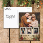 Rustic Vintage Style Four-Photo Christmas Floral Holiday Postcard<br><div class="desc">Rustic and nostalgic vintage-inspired holiday greeting card featuring large photo template with three small insert photos on antique snapshot frames on a distressed background featuring holly and evergreens in warm sepia tones.</div>