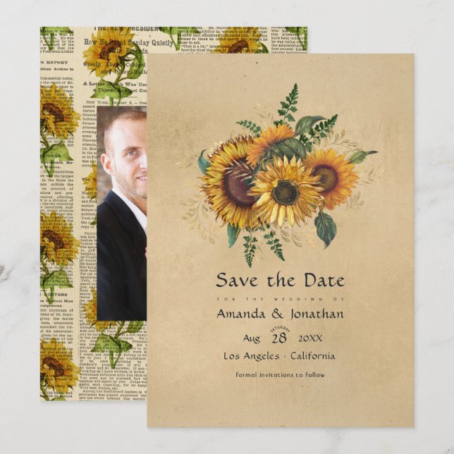 Rustic Vintage Sunflowers Wedding Save The Date (Front/Back)