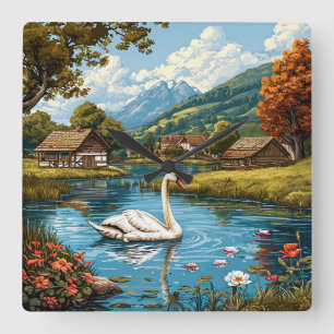 Rustic Vintage Swans Nature Landscape 🦢🕰️ Square Wall Clock