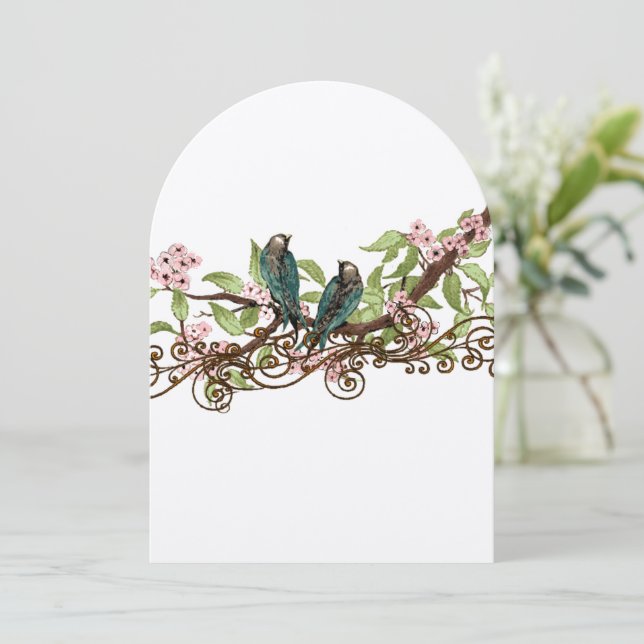 Rustic Vintage Teal Bird Pink Bloom Wedding Invite (Standing Front)