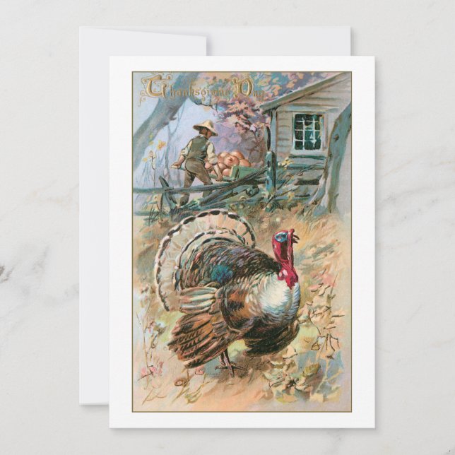Rustic Vintage Tom Turkey and Farmer Holiday Card (Front)