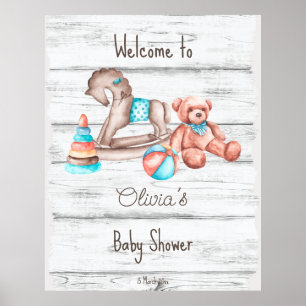 Rustic vintage toys white wood baby shower welcome poster