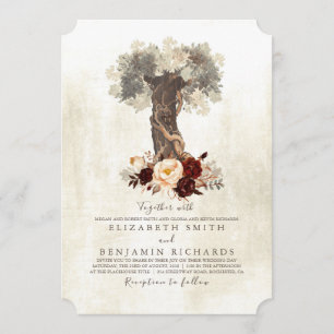 Rustic Vintage Tree Burgundy Floral Wedding Invitation