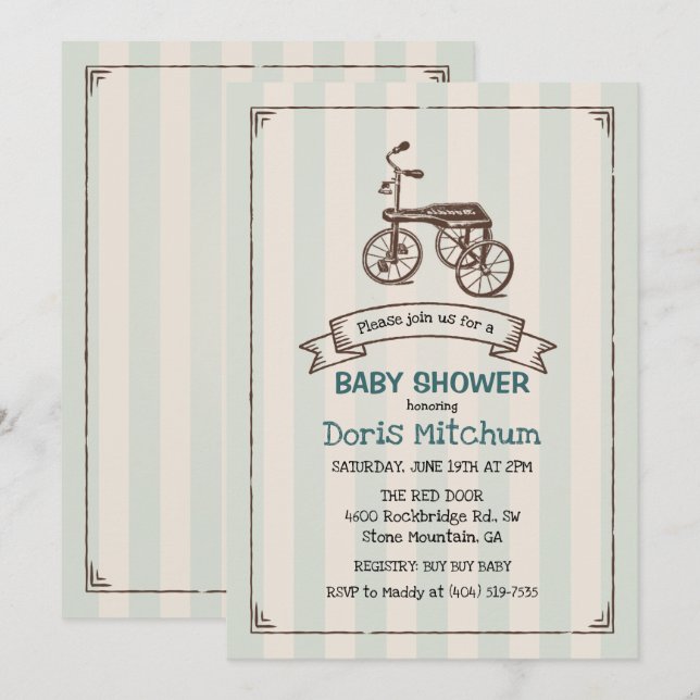 Rustic Vintage Tricycle Boy Baby Shower Invitation (Front/Back)