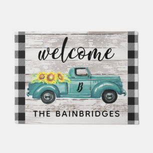 Rustic Vintage Truck Buffalo Check Family Name Doormat