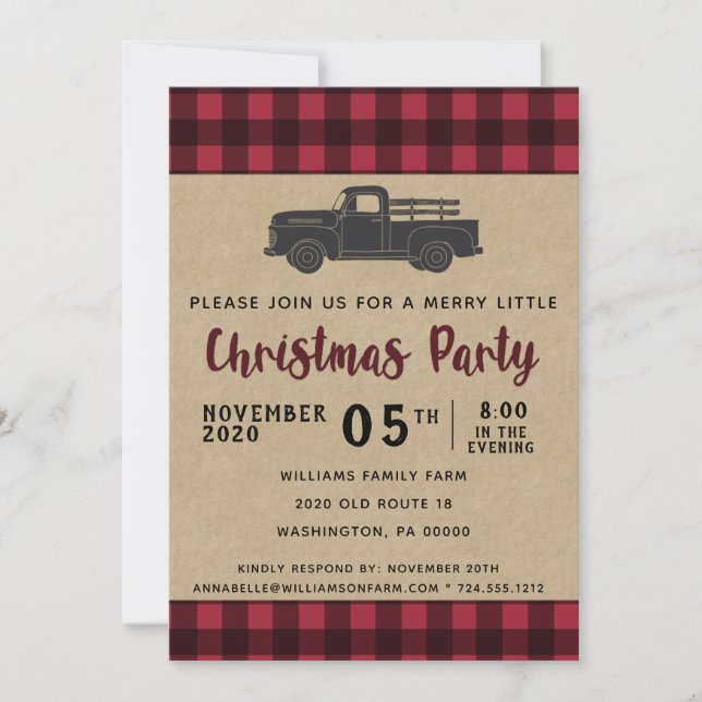 Rustic Vintage Truck Buffalo Plaid Christmas Party Invitation (Front)