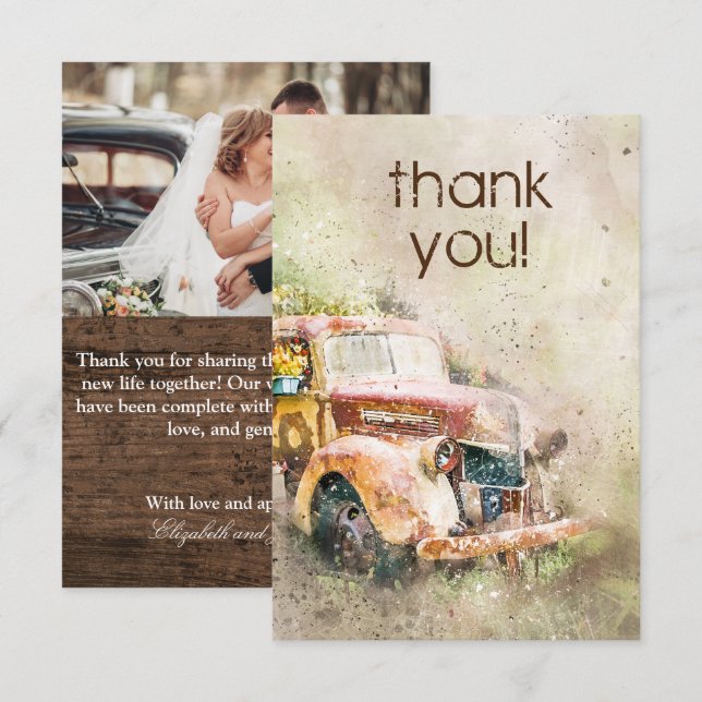 Rustic Vintage Truck Wedding Photo Thank You Invitation (Front/Back)