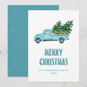 Rustic Vintage Watercolor Blue Truck Christmas Holiday Card