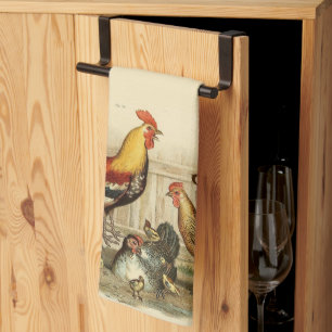 Rustic Vintage Watercolor Colourful Rooster Chicke Tea Towel