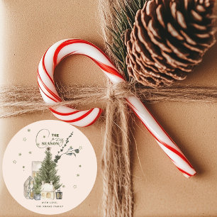 Rustic Vintage Watercolor Cosy Christmas Scene Classic Round Sticker