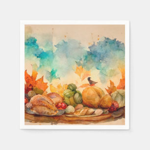 Rustic Vintage Watercolor Turkey Fall Pumpkin Napkin