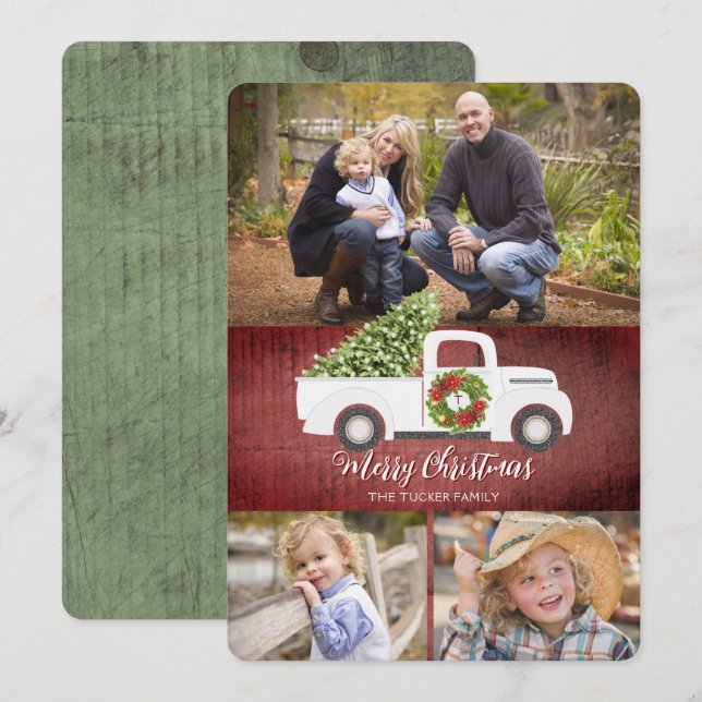 Rustic Vintage White Truck 3-Photo Christmas Card (Front/Back)