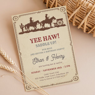 Rustic Vintage Wild West Cowboy Double Birthday Invitation