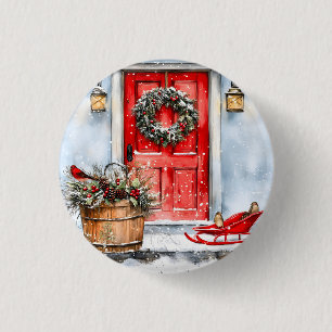 Rustic Vintage Winter Red Christmas Door Wreath 3 Cm Round Badge