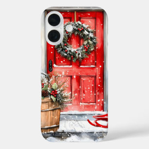 Rustic Vintage Winter Red Christmas Door Wreath iPhone 16 Case