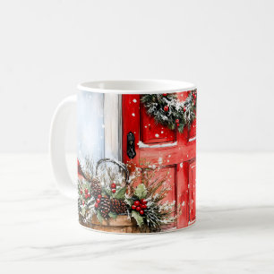 Rustic Vintage Winter Red Christmas Door Wreath Coffee Mug