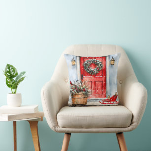 Rustic Vintage Winter Red Christmas Door Wreath Cushion
